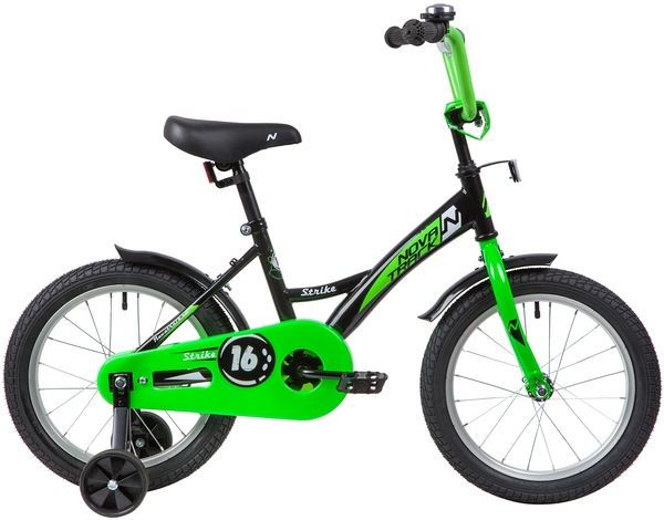 Велосипед NOVATRACK 16" STRIKE черный-зелёный, тормоз нож, крылья корот, полная защита цепи