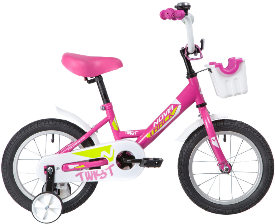 Велосипед NOVATRACK 14" TWIST розовый, тормоз нож, крылья корот, полная защ.цепи, корзина