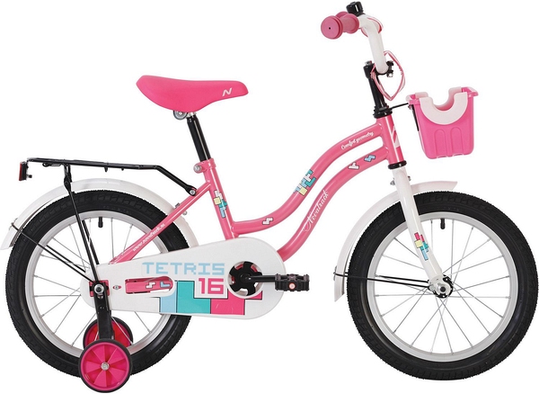 Велосипед NOVATRACK 12" TETRIS розовый,тормоз нож.,крылья цвет.,багажник чёрный., перед.корзина, пол